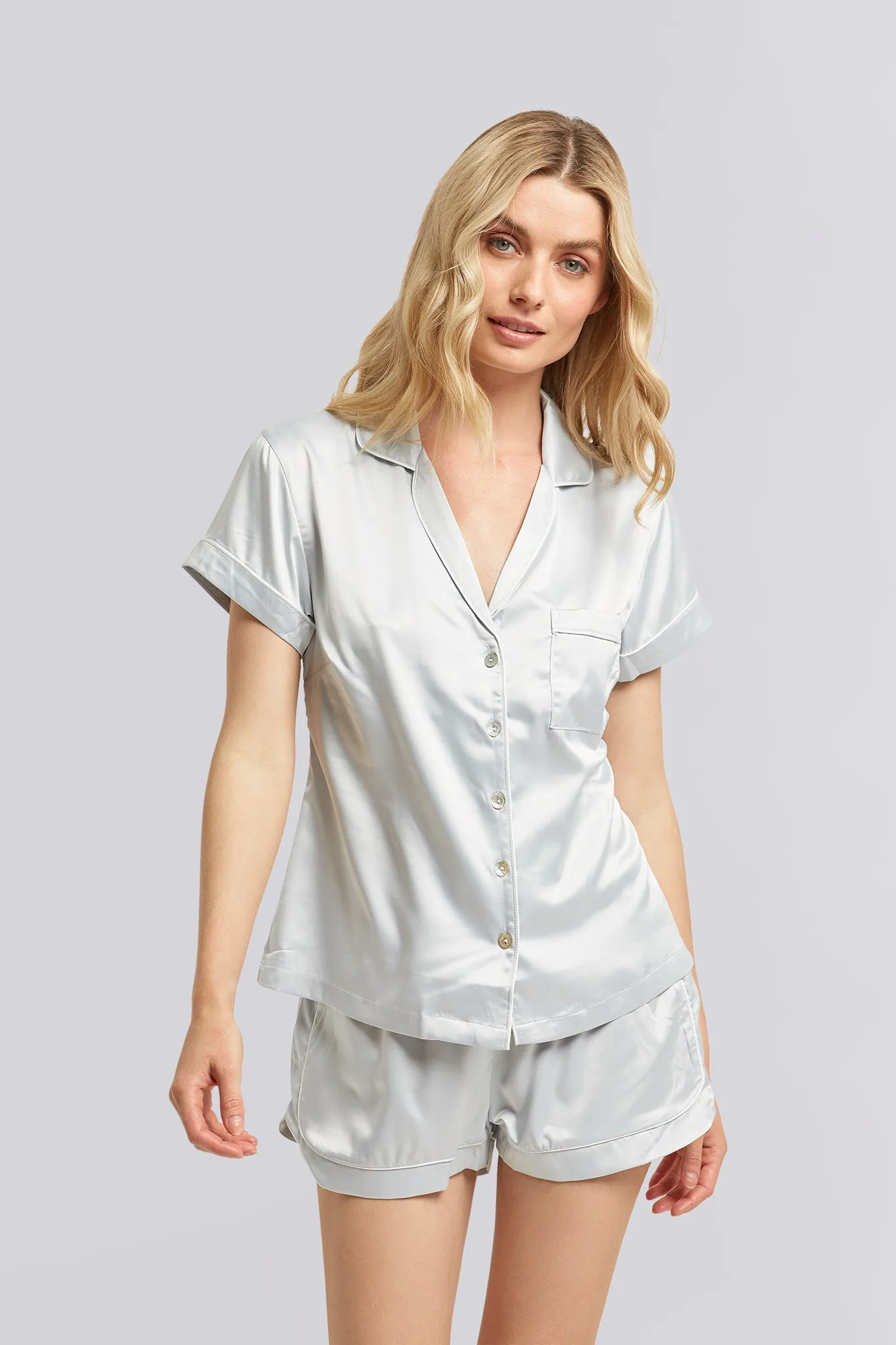 Grace Short Pyjama Set - Eggshell Blue with White Piping