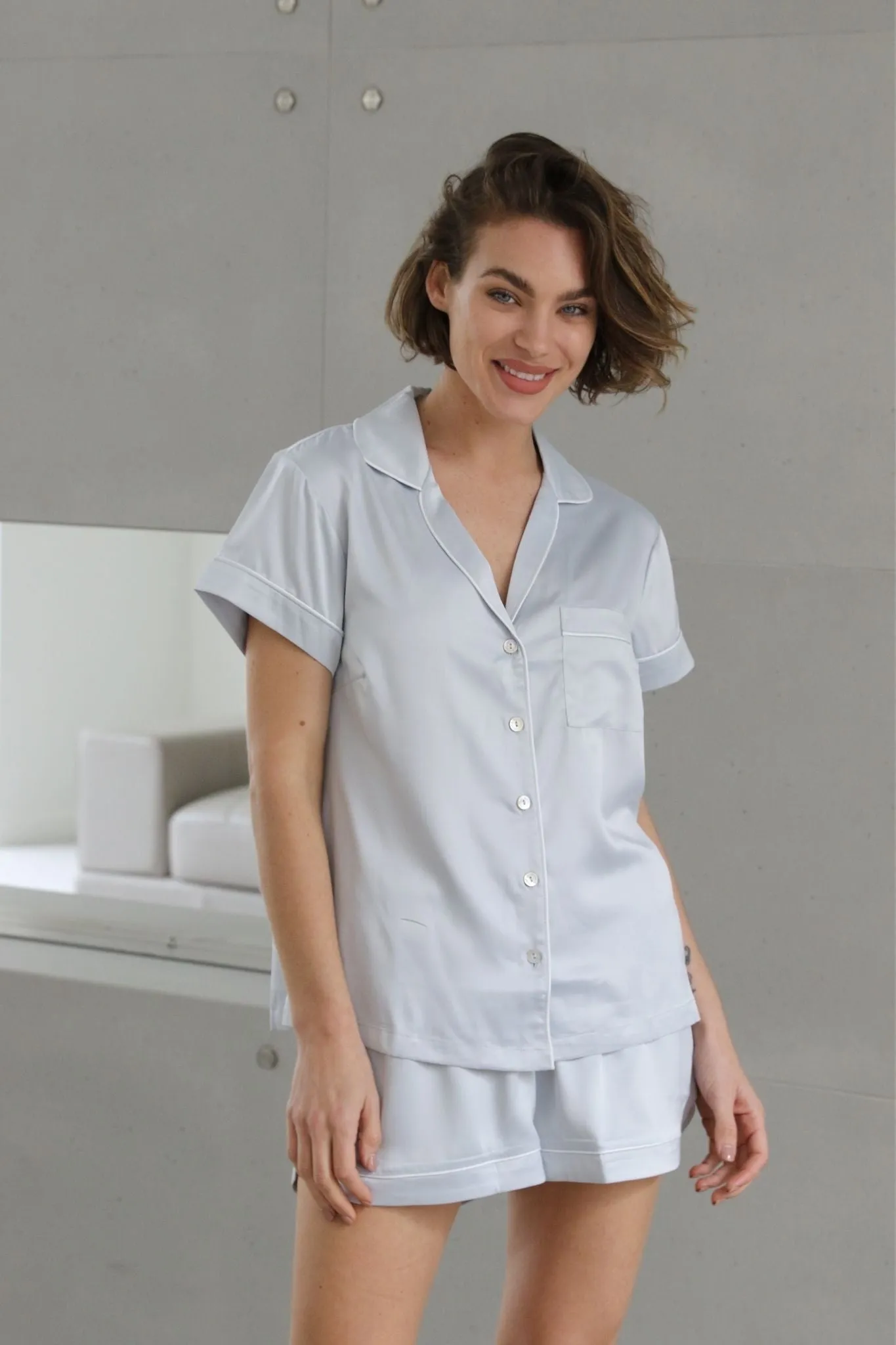 Grace Short Pyjama Set - Eggshell Blue with White Piping