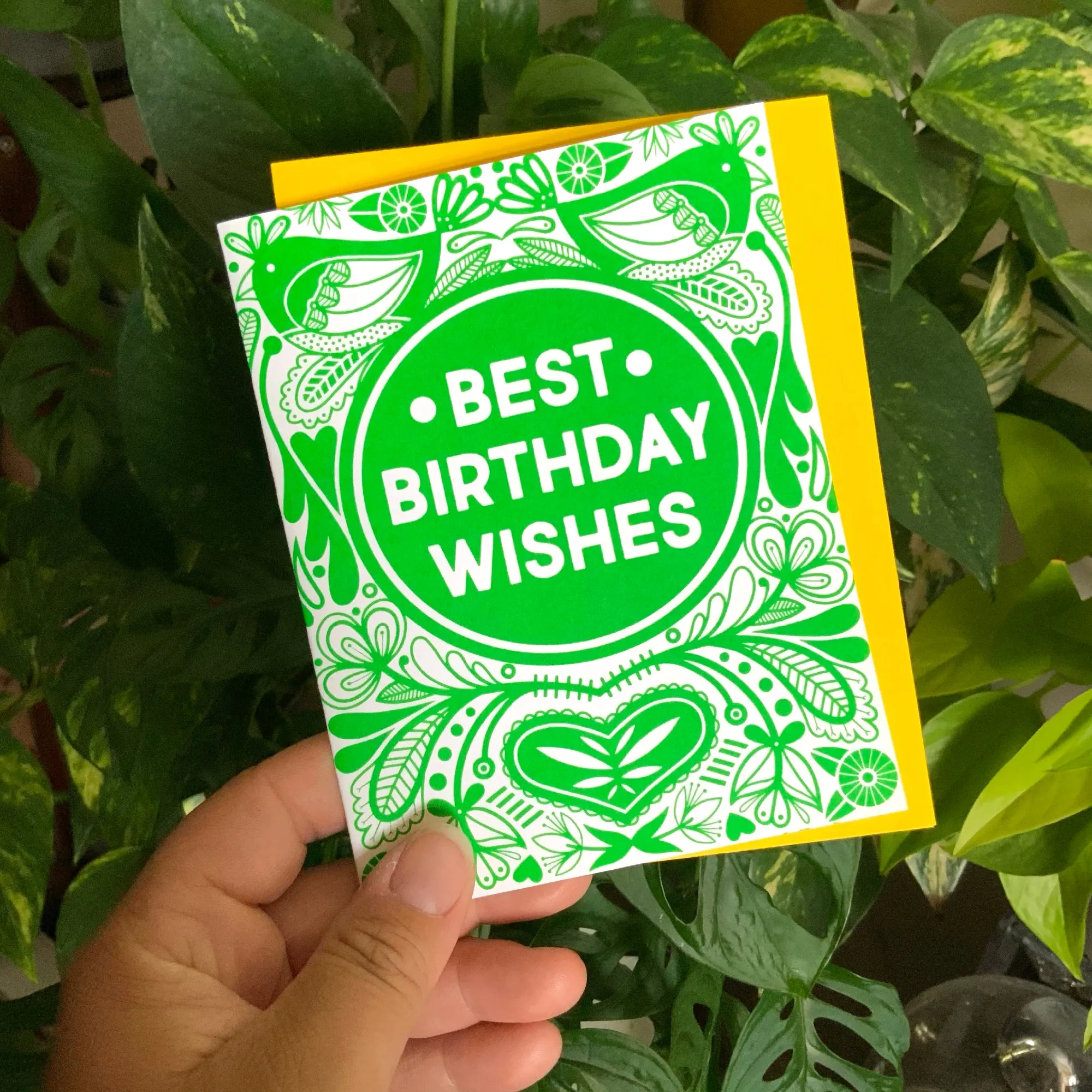 Grass green folk art birthday card, ornate birthday card