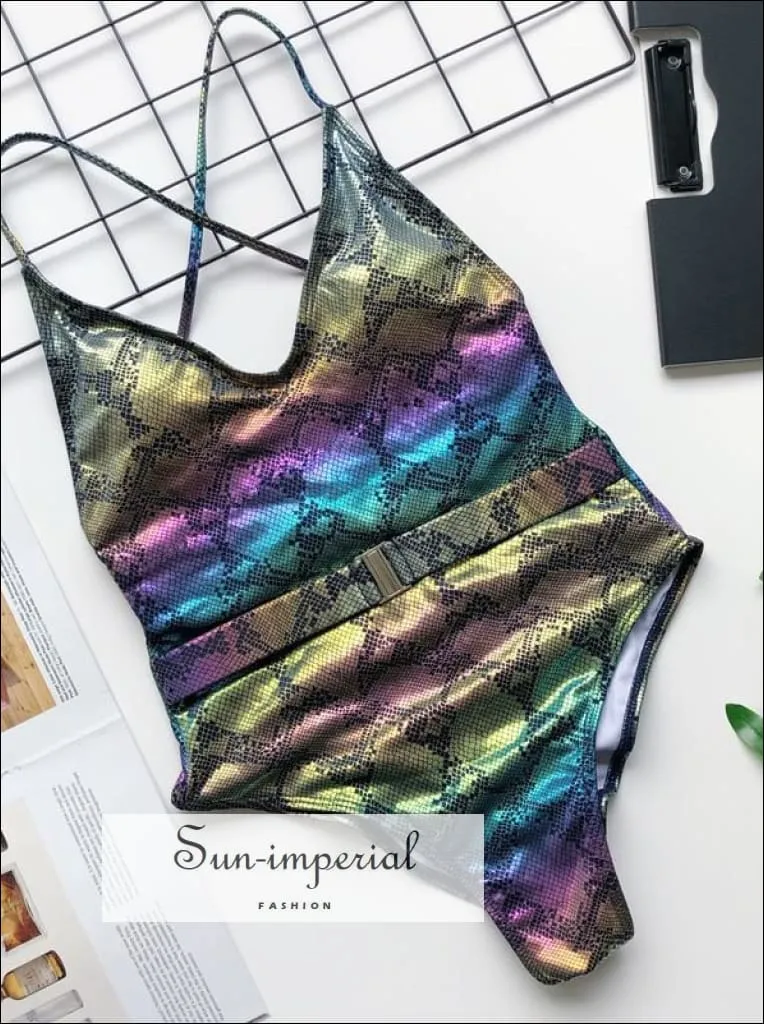 Gray One Piece Swimsuit with Buckle Belt Backless Swimsuit - Multi Colors