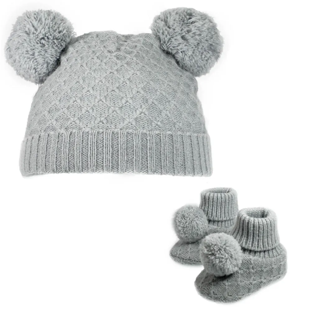 Grey Pom Pom Hat & Matching Bootees