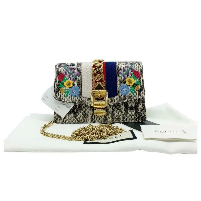 Gucci Sylvie Super Mini Floral-print Snake Wallet On A Chain White Cross Body