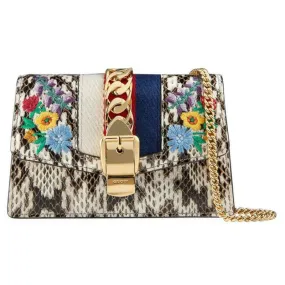 Gucci Sylvie Super Mini Floral-print Snake Wallet On A Chain White Cross Body