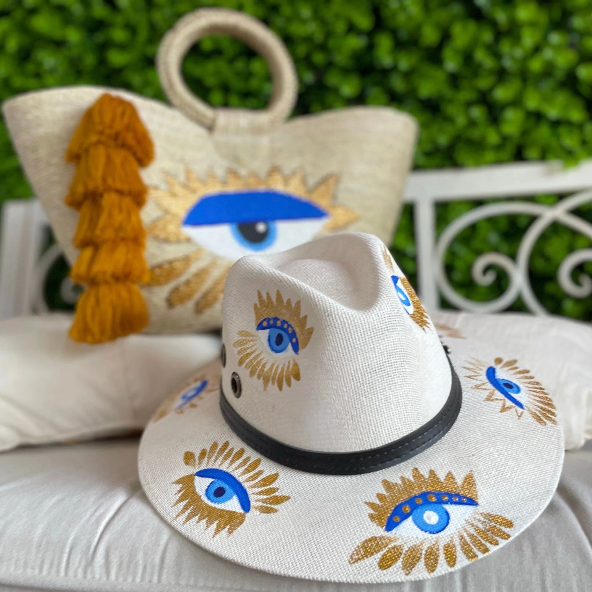 Hand Painted Evil Eye Palm Tote and Hat Set