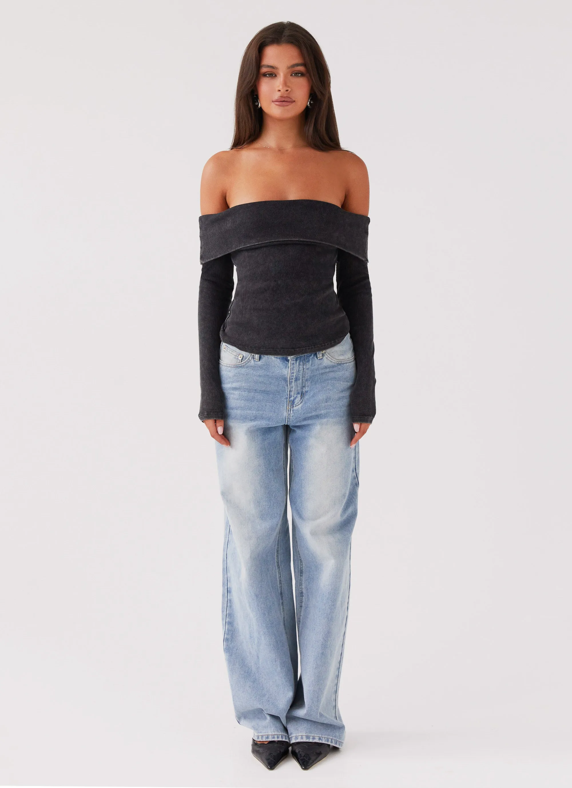 Hayley Long Sleeve Ribbed Top - Charcoal Acid Wash