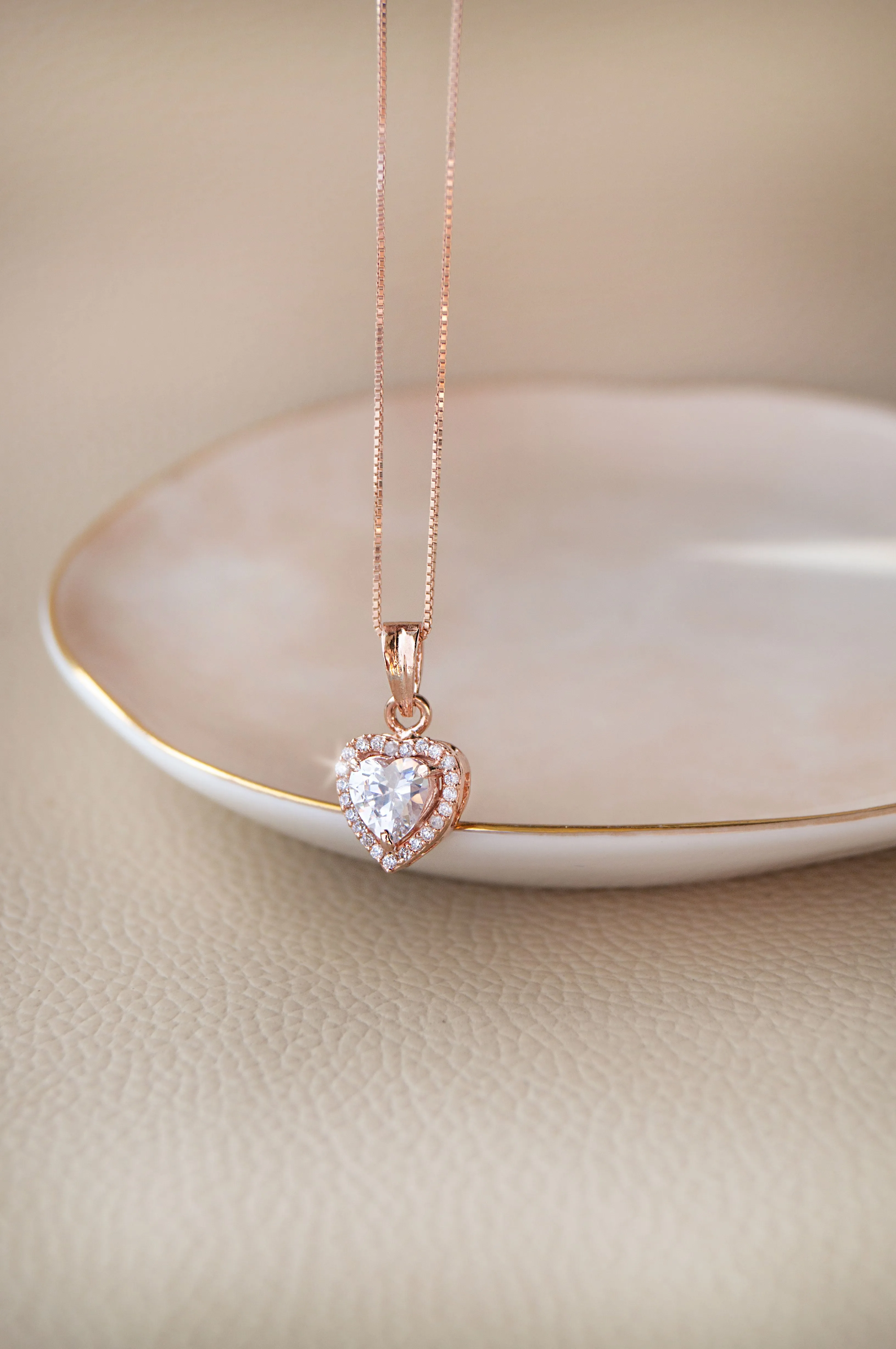 Heart Solitaire Rose Gold Plated Sterling Silver Pendant Set