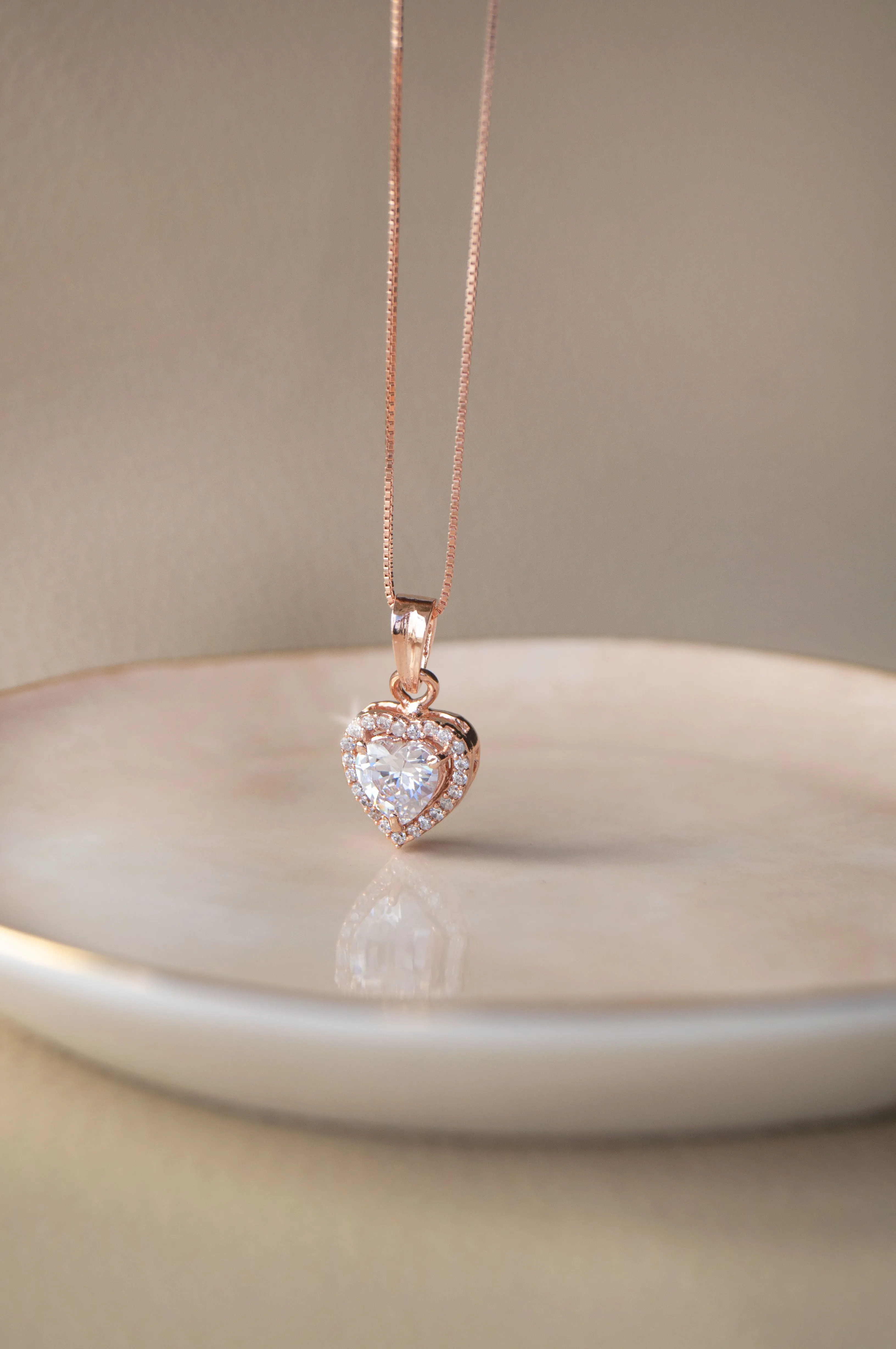 Heart Solitaire Rose Gold Plated Sterling Silver Pendant Set