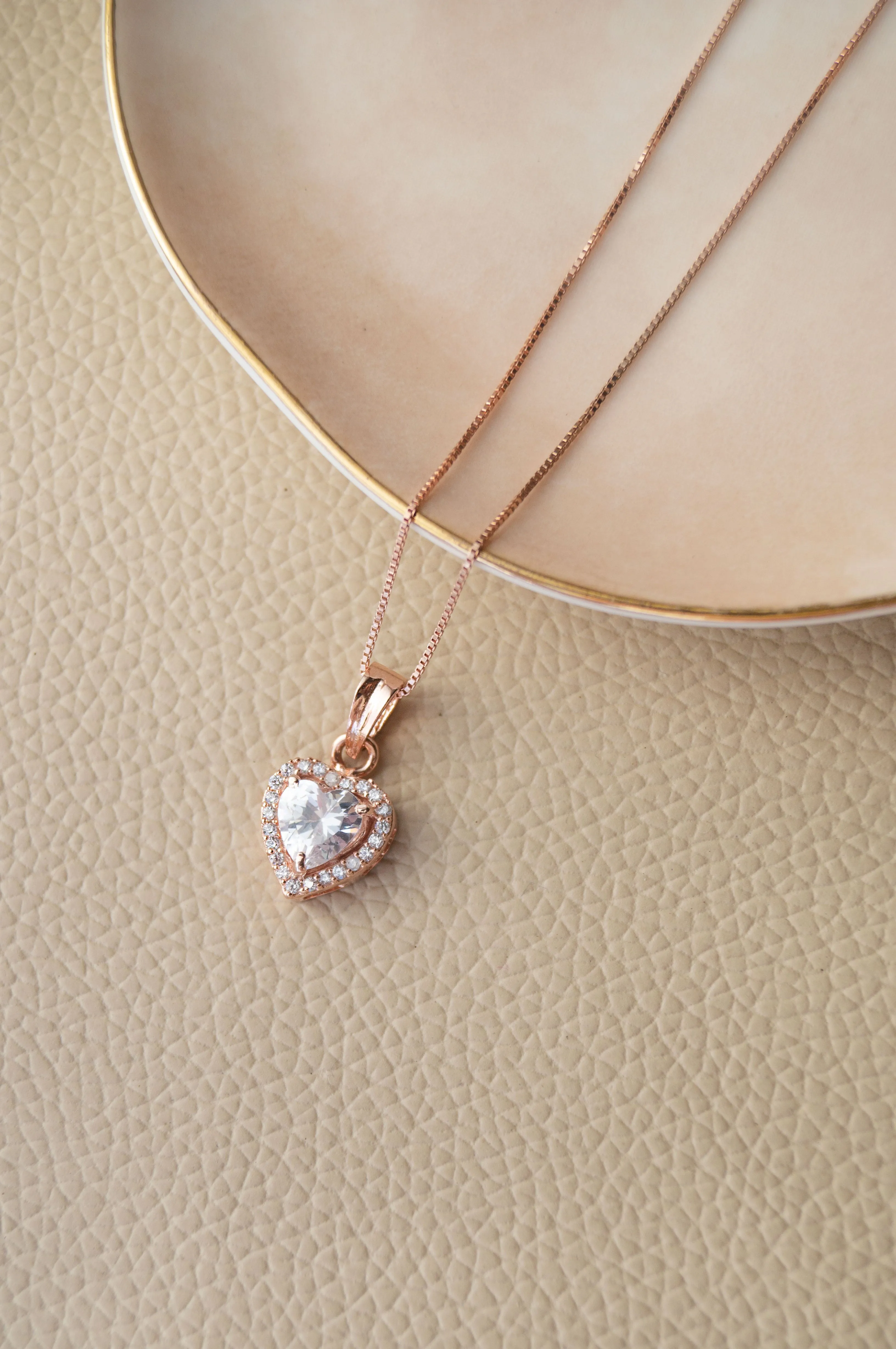 Heart Solitaire Rose Gold Plated Sterling Silver Pendant Set