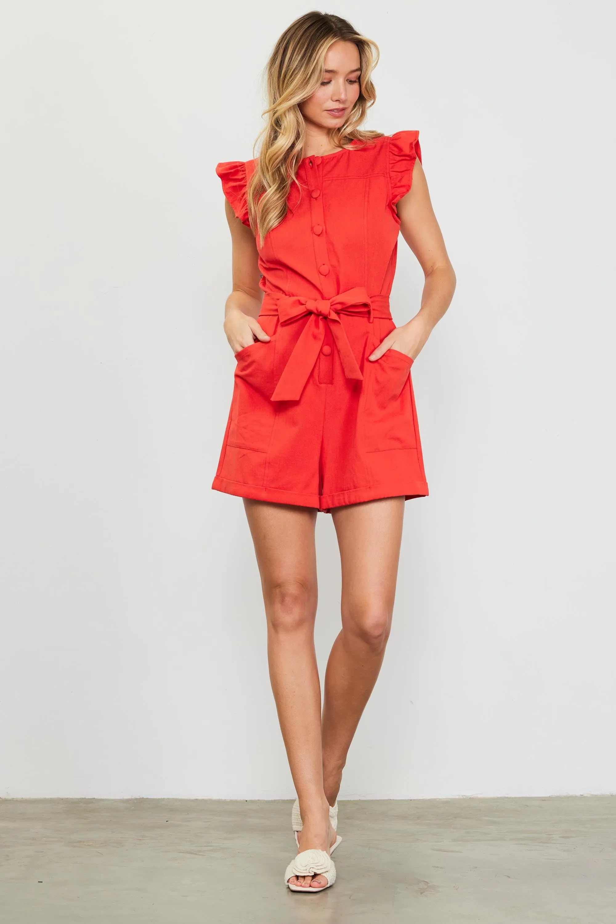 Here We Go Ruffle Romper - Poppy Red