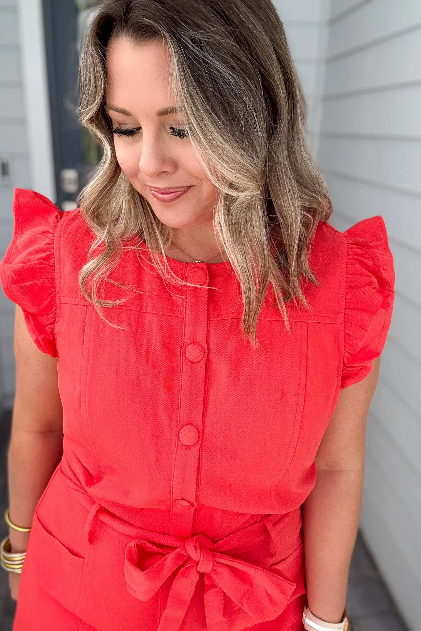 Here We Go Ruffle Romper - Poppy Red