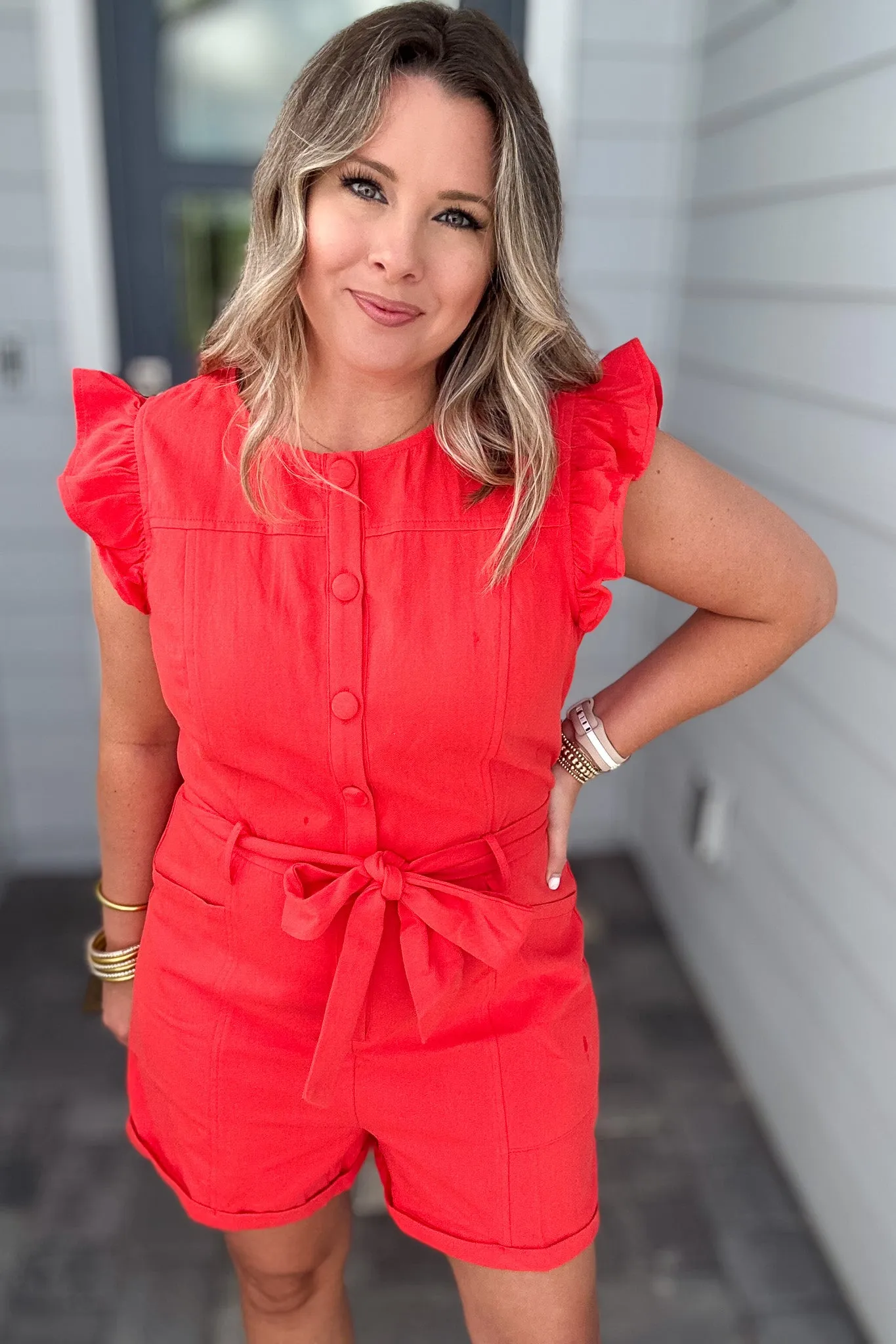 Here We Go Ruffle Romper - Poppy Red