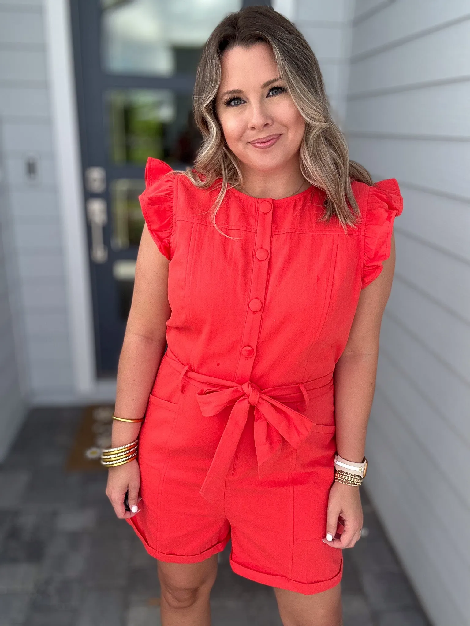 Here We Go Ruffle Romper - Poppy Red