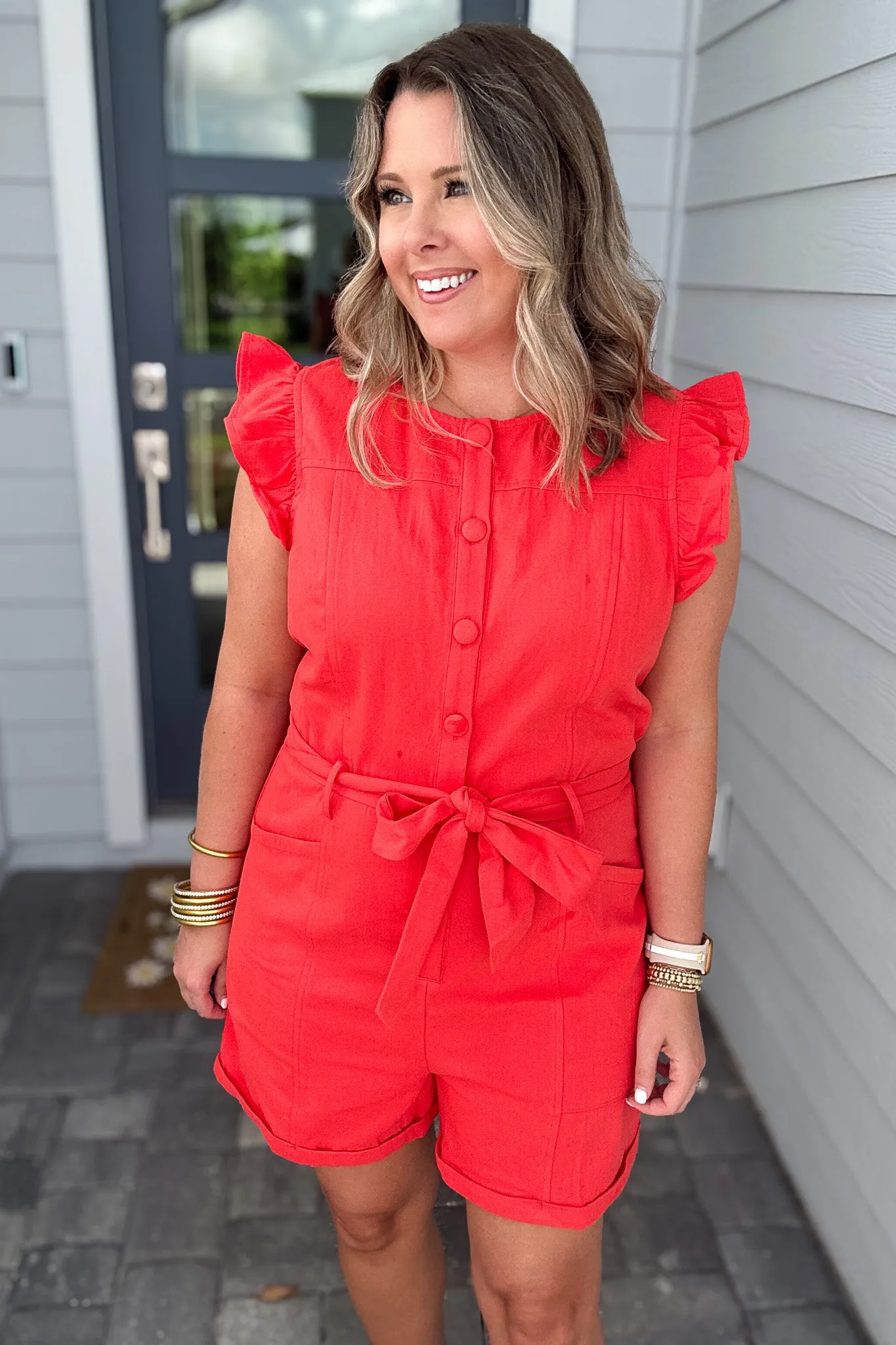 Here We Go Ruffle Romper - Poppy Red