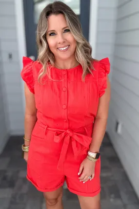 Here We Go Ruffle Romper - Poppy Red