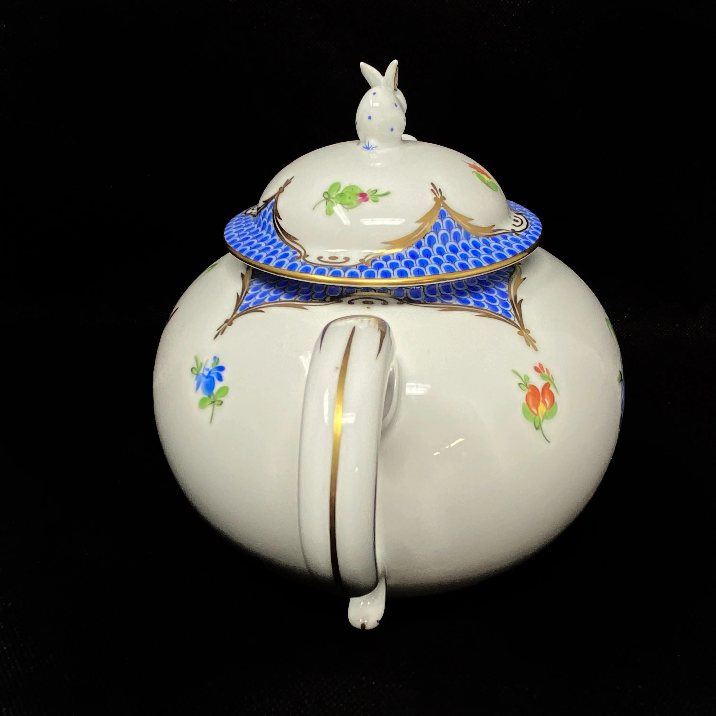 Herend Printemps Blue Teapot with Bunny Finial 7" Tall