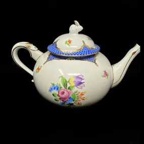 Herend Printemps Blue Teapot with Bunny Finial 7" Tall