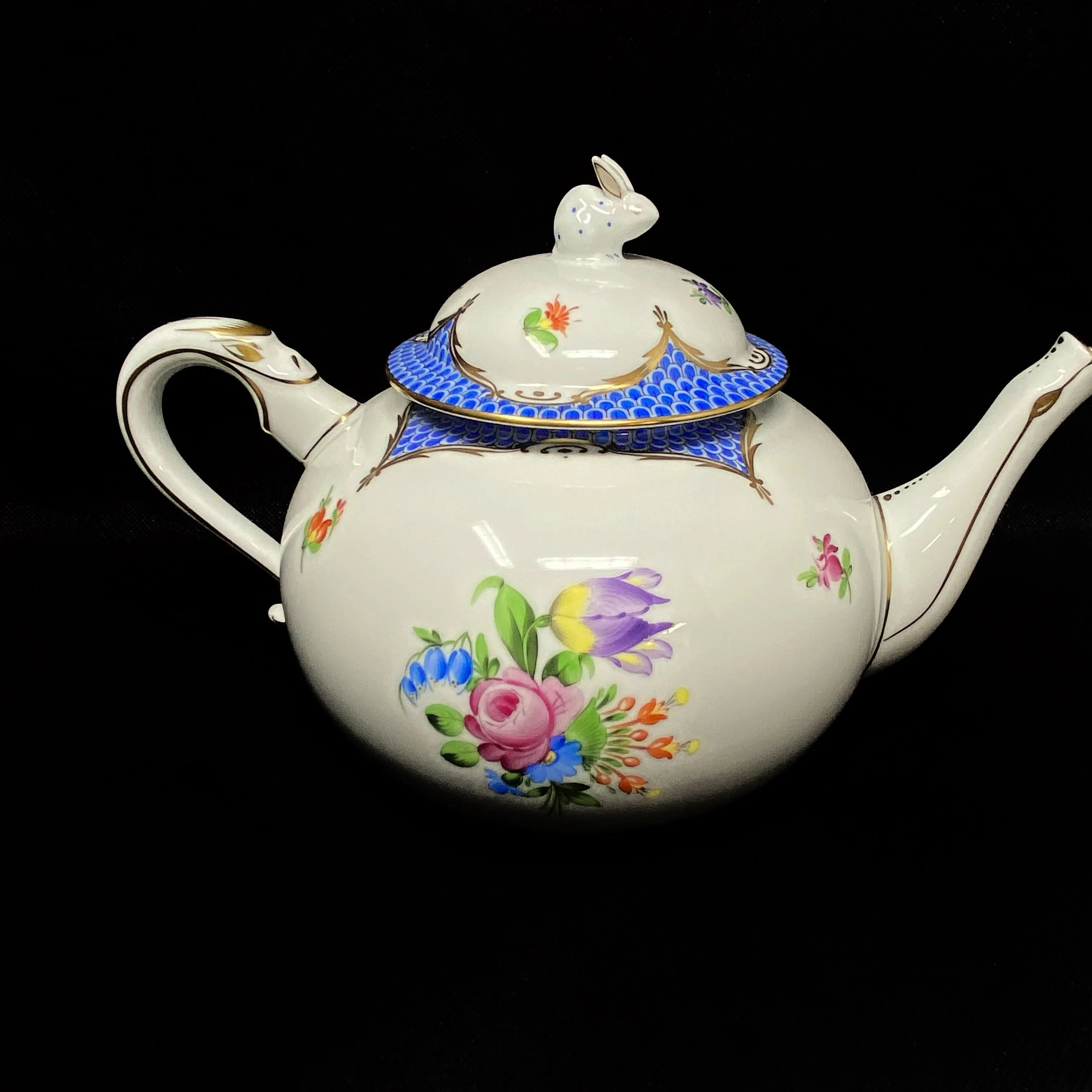 Herend Printemps Blue Teapot with Bunny Finial 7" Tall