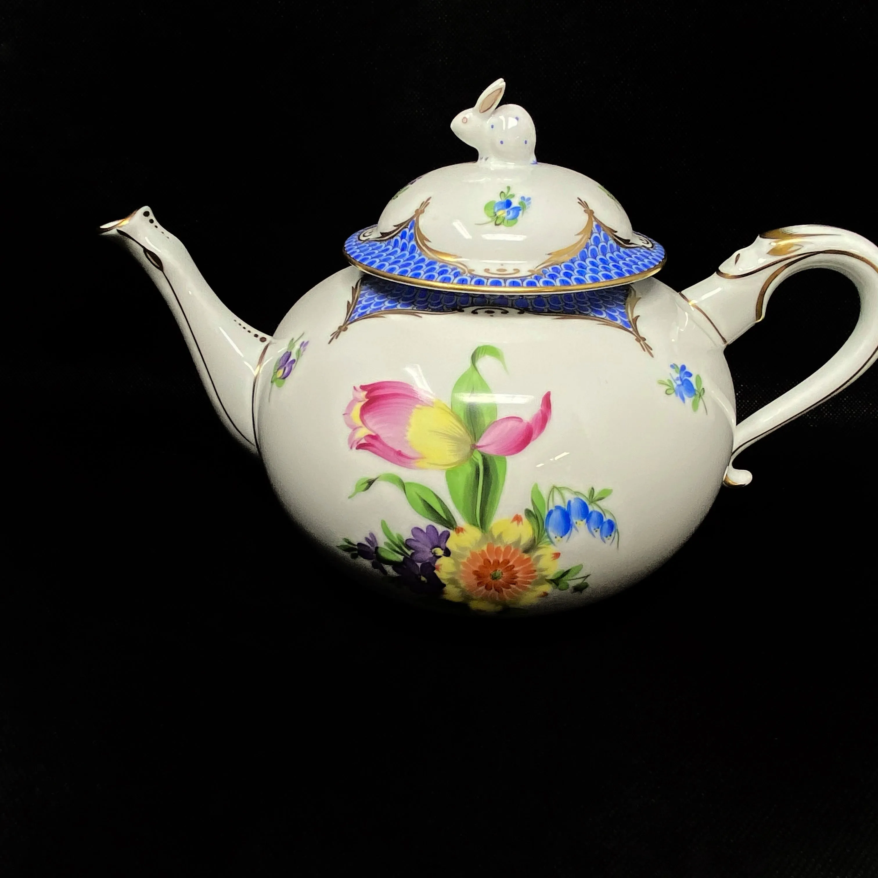 Herend Printemps Blue Teapot with Bunny Finial 7" Tall