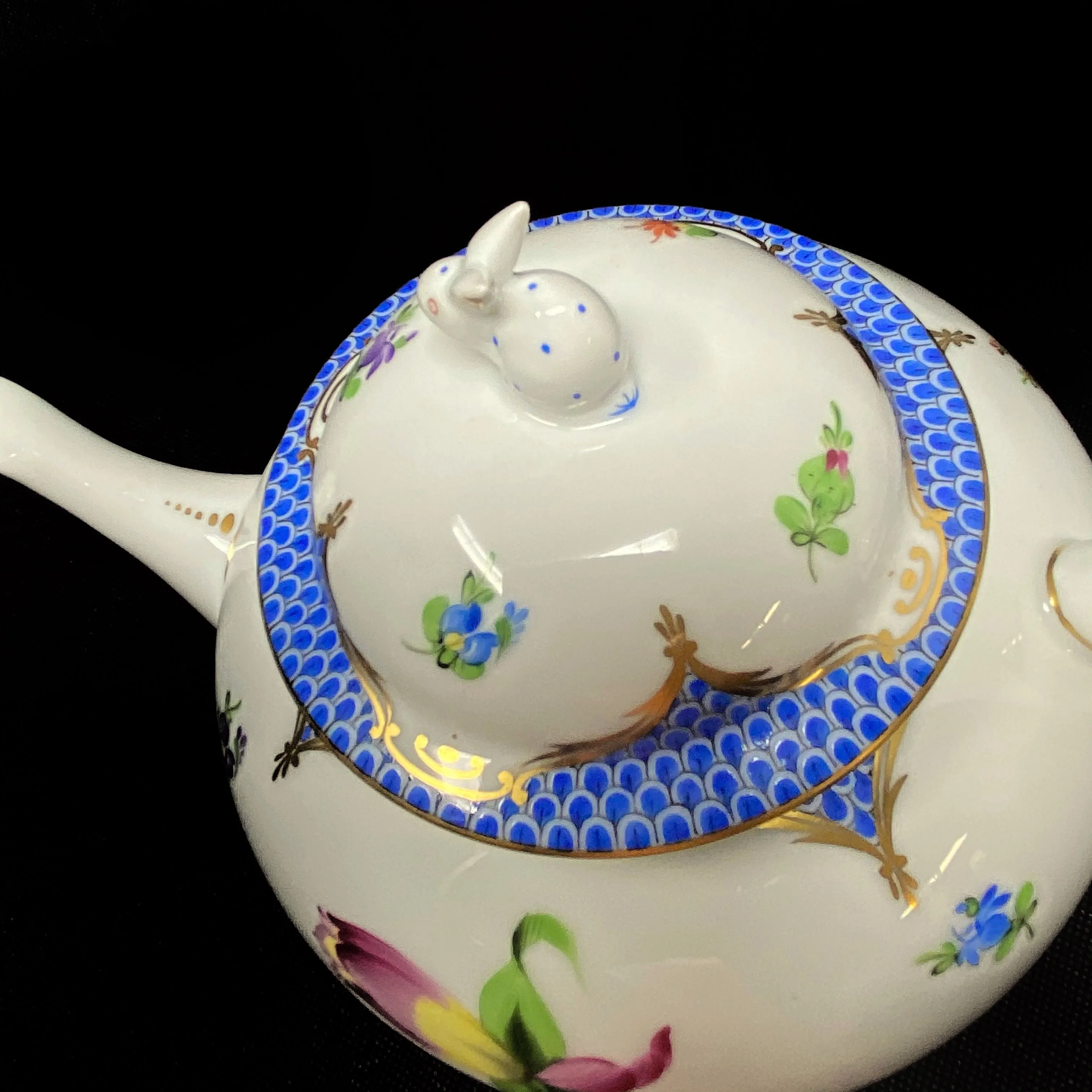 Herend Printemps Blue Teapot with Bunny Finial 7" Tall