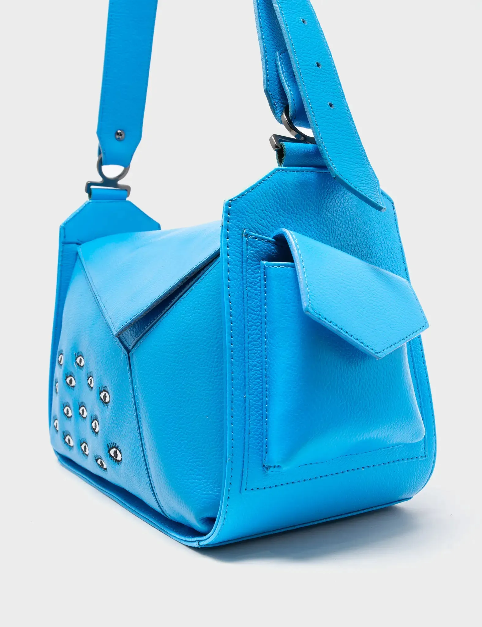 Houston Blue Leather Shoulder Bag - Eyes Embroidery