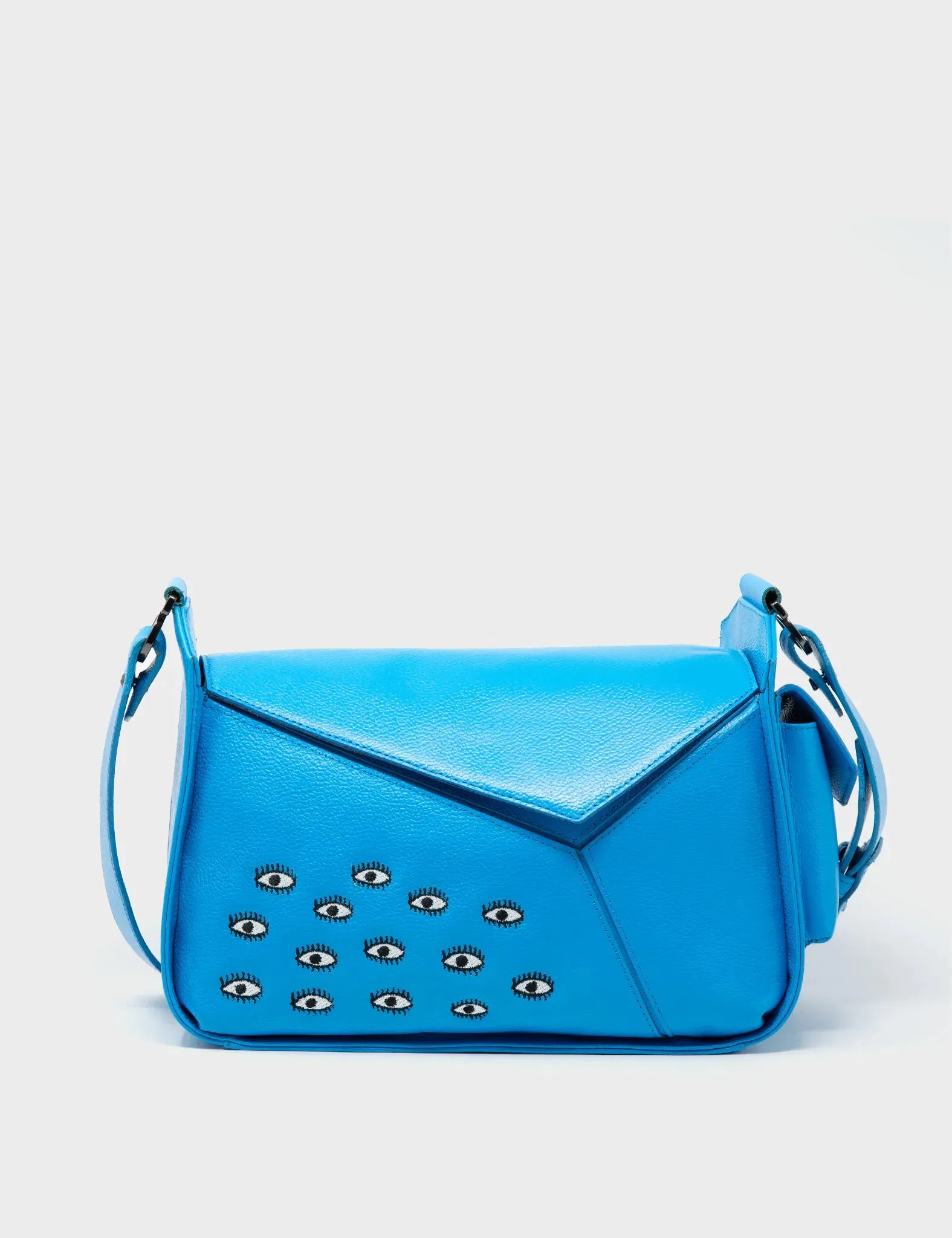 Houston Blue Leather Shoulder Bag - Eyes Embroidery