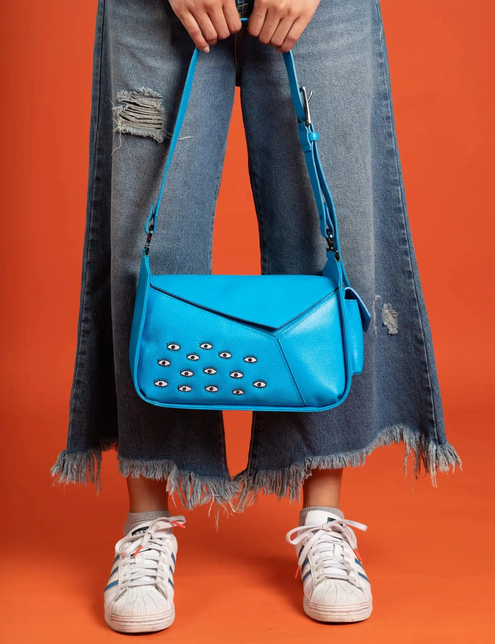 Houston Blue Leather Shoulder Bag - Eyes Embroidery