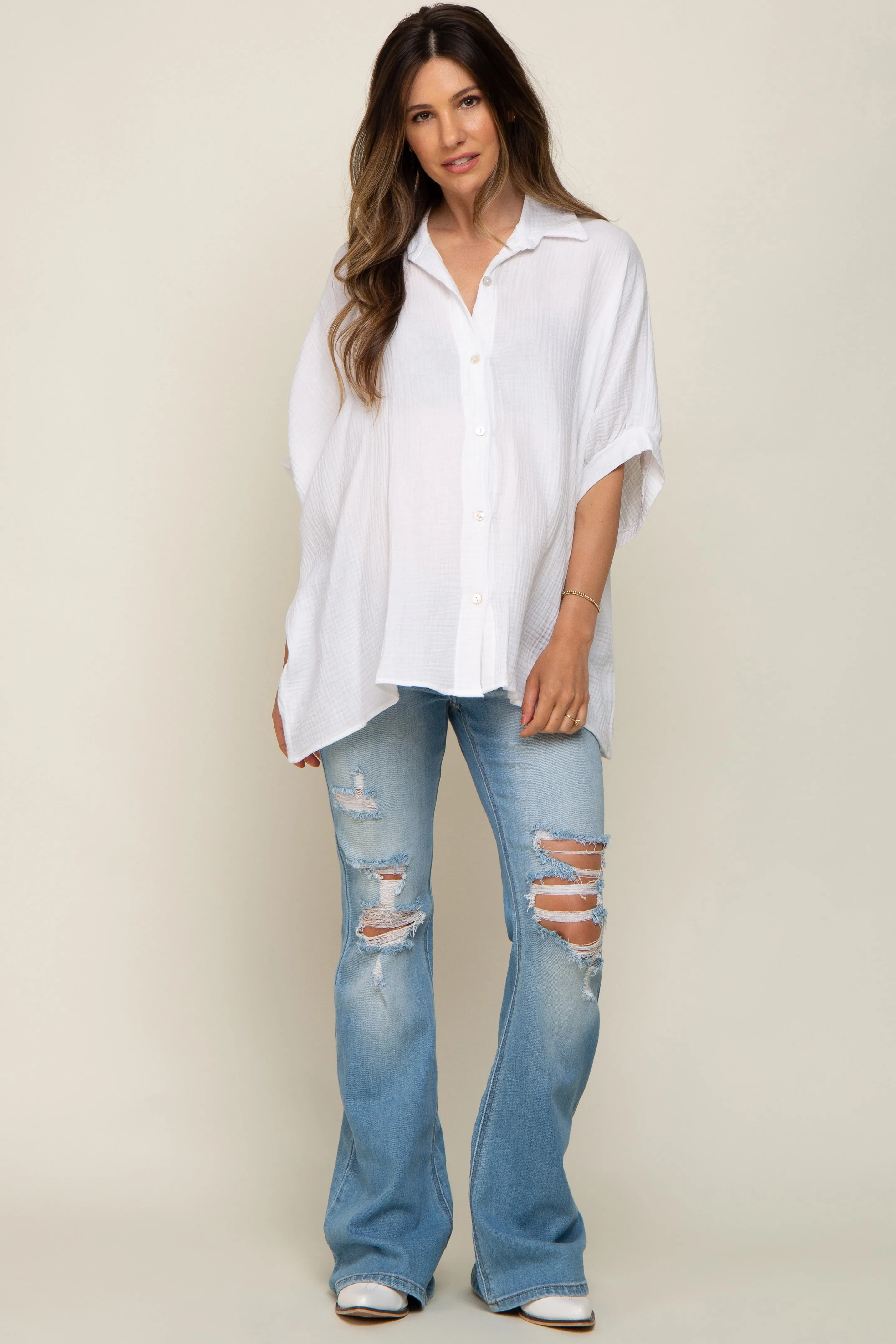 Light Blue Distressed Flare Maternity Jeans