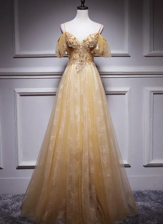 Light Champagne Lace Straps Sweetheart Long Party Dress, A-line Floor Length Prom Dress KS4890