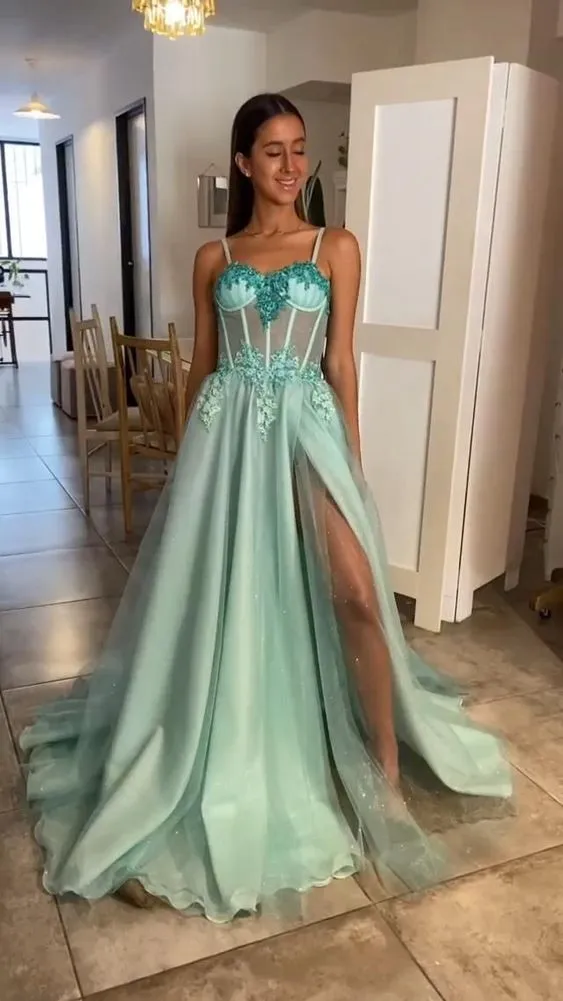 Long Spaghetti Straps A-line Mint Green Slit Prom Dresses, Long Prom Dresses SH383