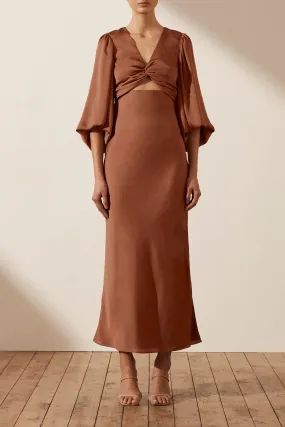 LUXE TWIST FRONT BALLOON SLEEVE MIDI DRESS - MOCHA