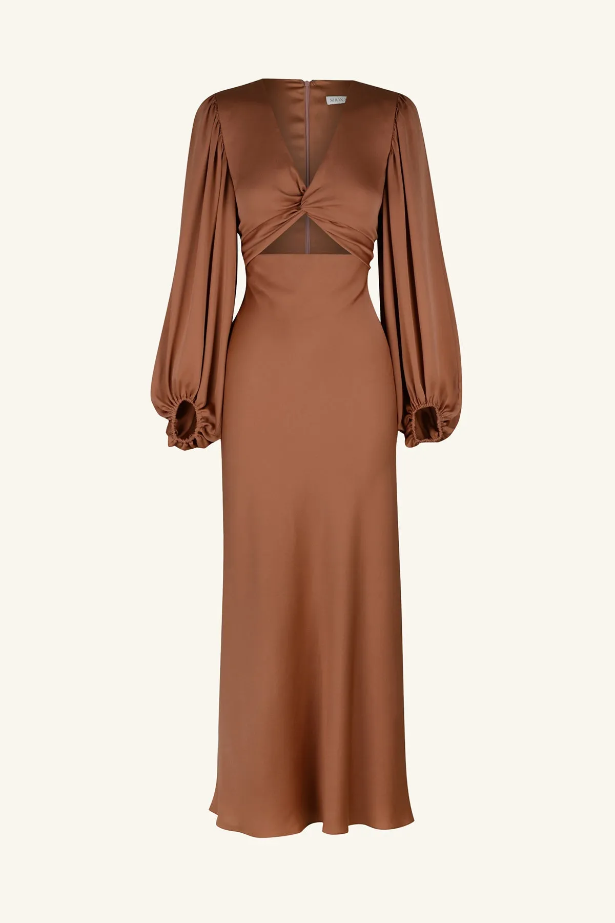 LUXE TWIST FRONT BALLOON SLEEVE MIDI DRESS - MOCHA