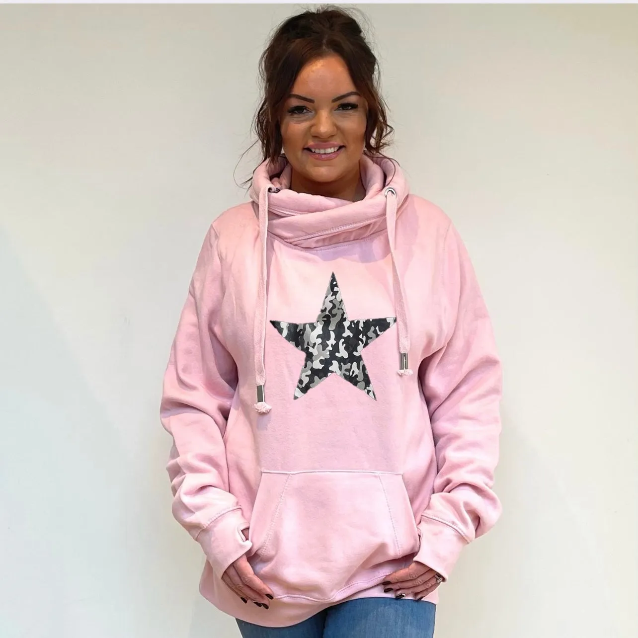 Luxury Cowl Neck Silver Camo Star Hoodie - Pink