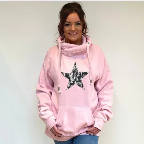 Luxury Cowl Neck Silver Camo Star Hoodie - Pink