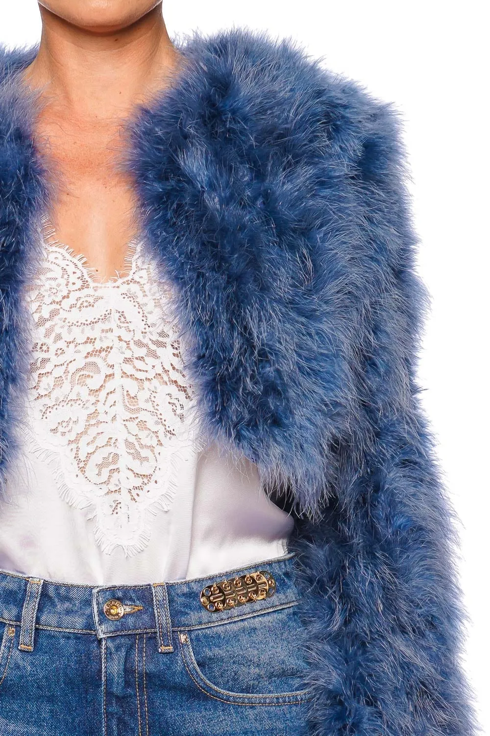 Manhattan Denim Blue Feather Cropped Jacket