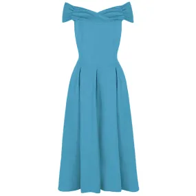 Mid Blue Crossover Vintage Bardot 50s Swing Dress