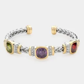 Multi CZ Cushion Square Stone Accented Cuff Bracelet