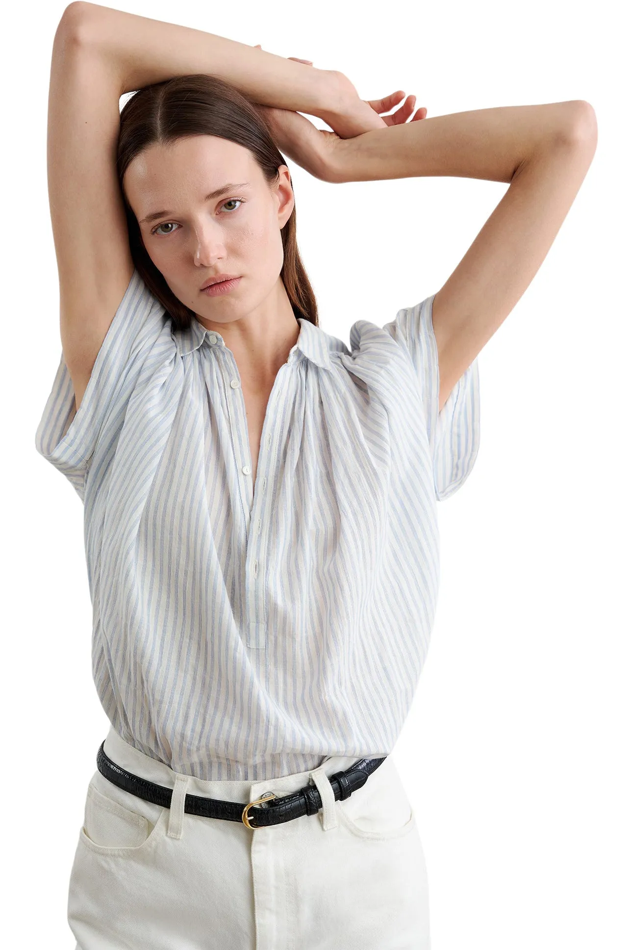 Nili Lotan Normandy Blouse in Ivory Blue Stripes