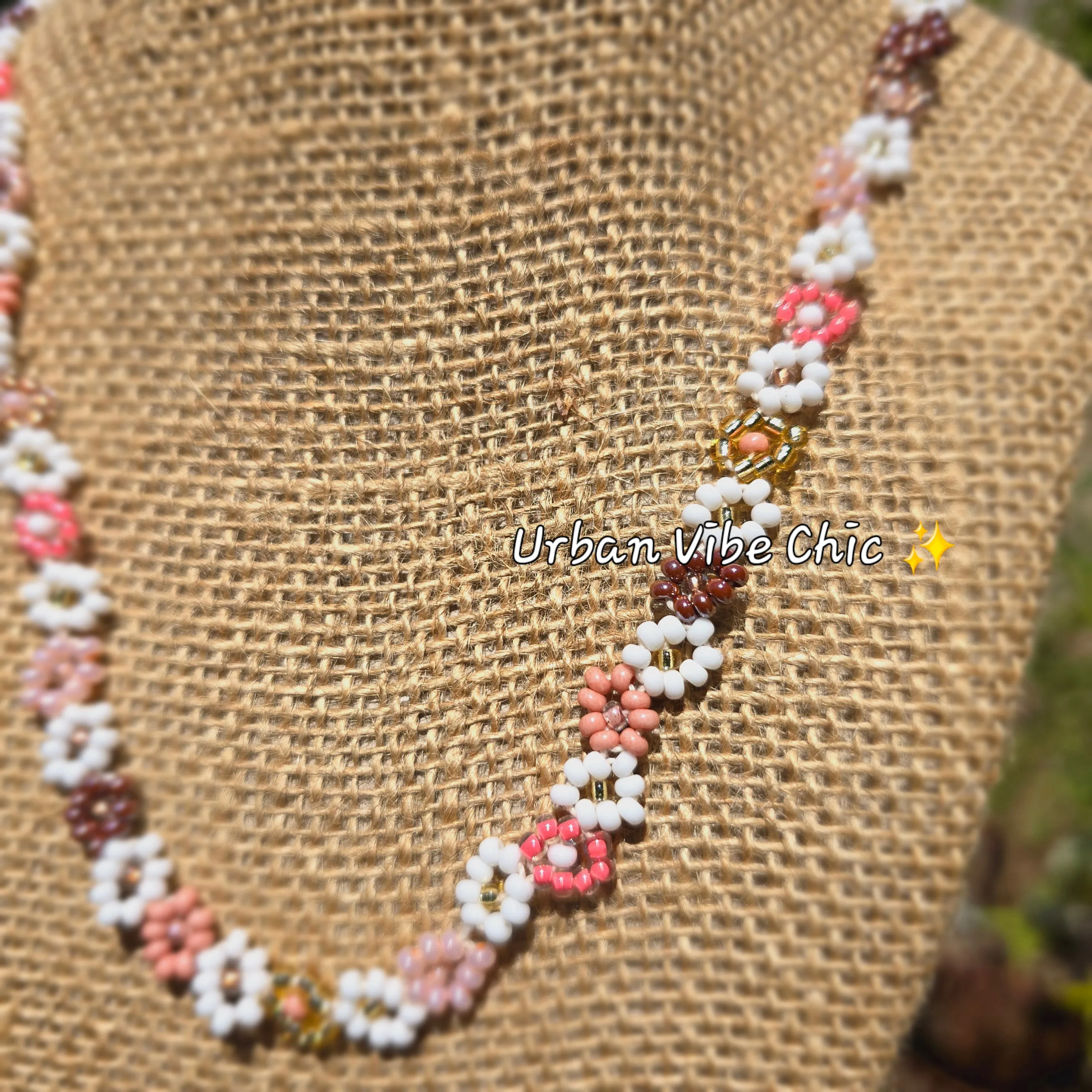 Nude Pink & Brown & White Daisy Beaded Necklace |Flower Bead Bead Necklace | Urban Vibe Chic | Seed Bead Jewelry