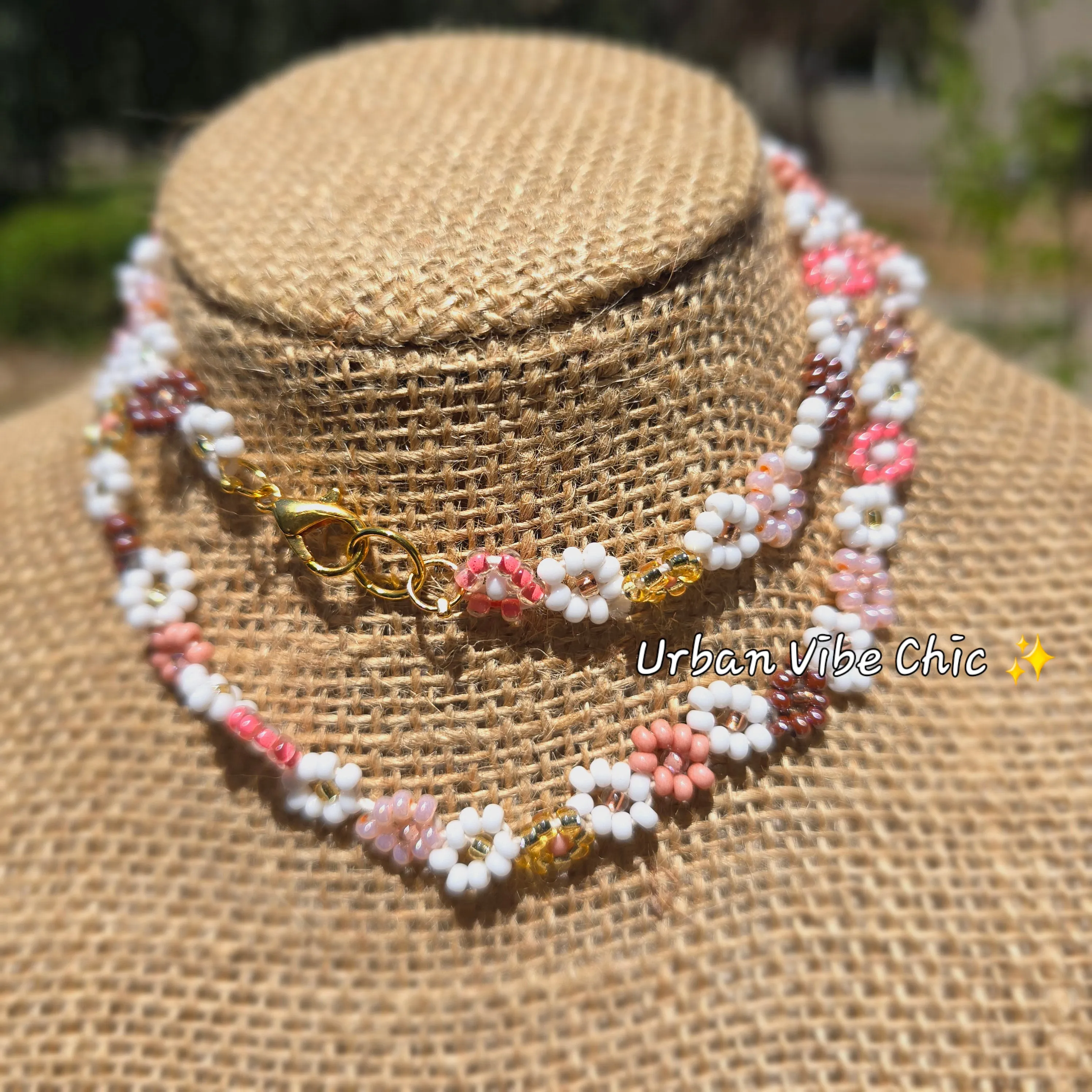 Nude Pink & Brown & White Daisy Beaded Necklace |Flower Bead Bead Necklace | Urban Vibe Chic | Seed Bead Jewelry