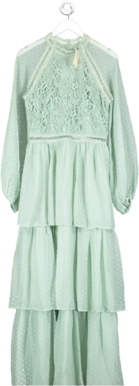 Oasis Green Lace Balloon Sleeve Tiered Maxi Dress Sage UK 12