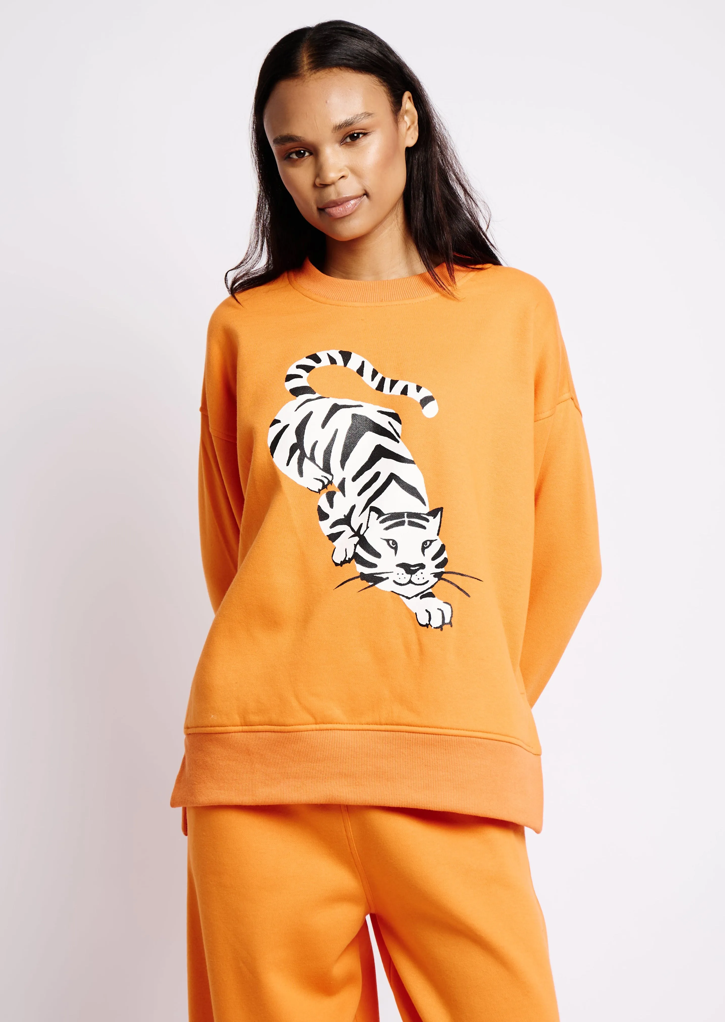 Orange Sweat Top with Tiger Print