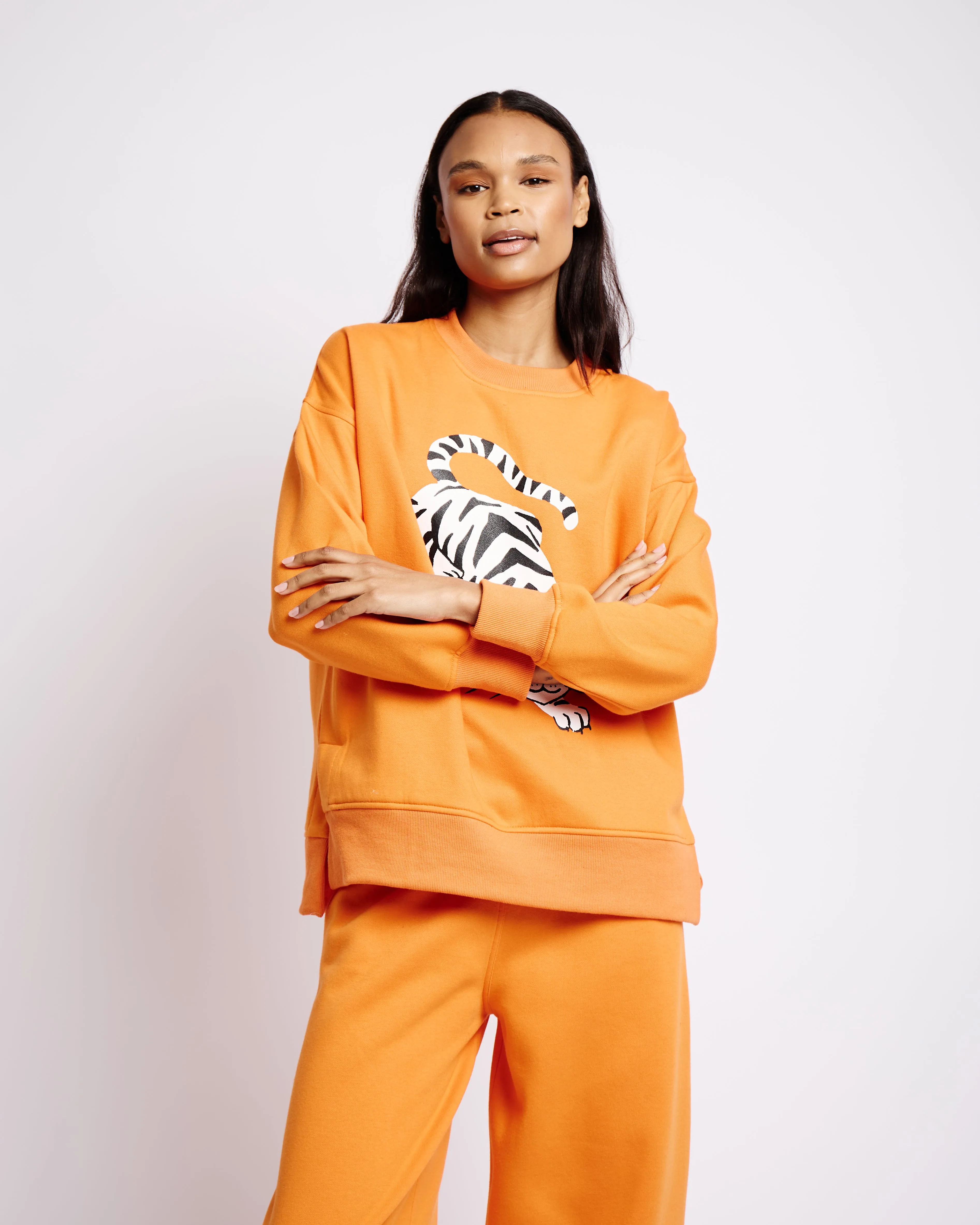 Orange Sweat Top with Tiger Print