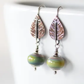 Pastel Green Earrings, hammered copper leaf with lampwork beads