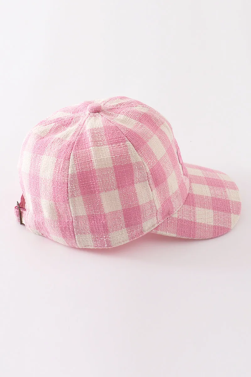 Pink plaid bow embroidery baseball cap