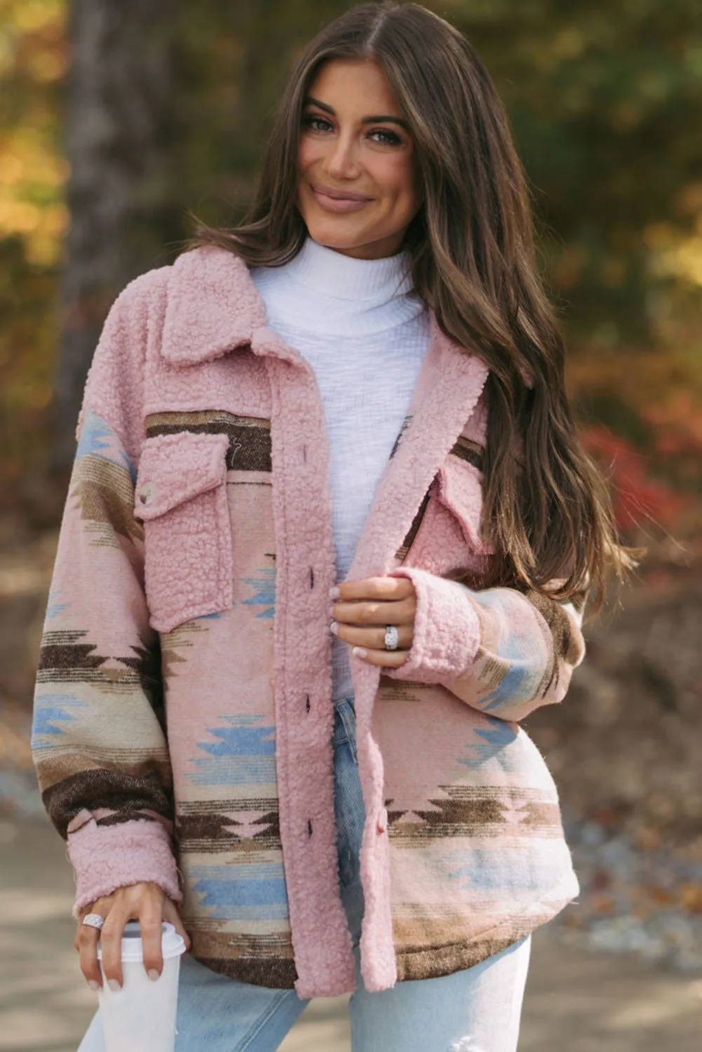 Pink Western Aztec Print Sherpa Splicing Buttoned Flap Pocket Coat