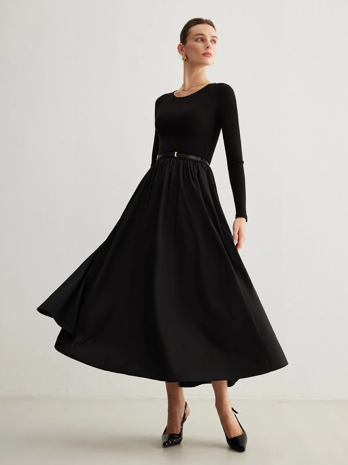 Plain Belted Pleated Panel Dress