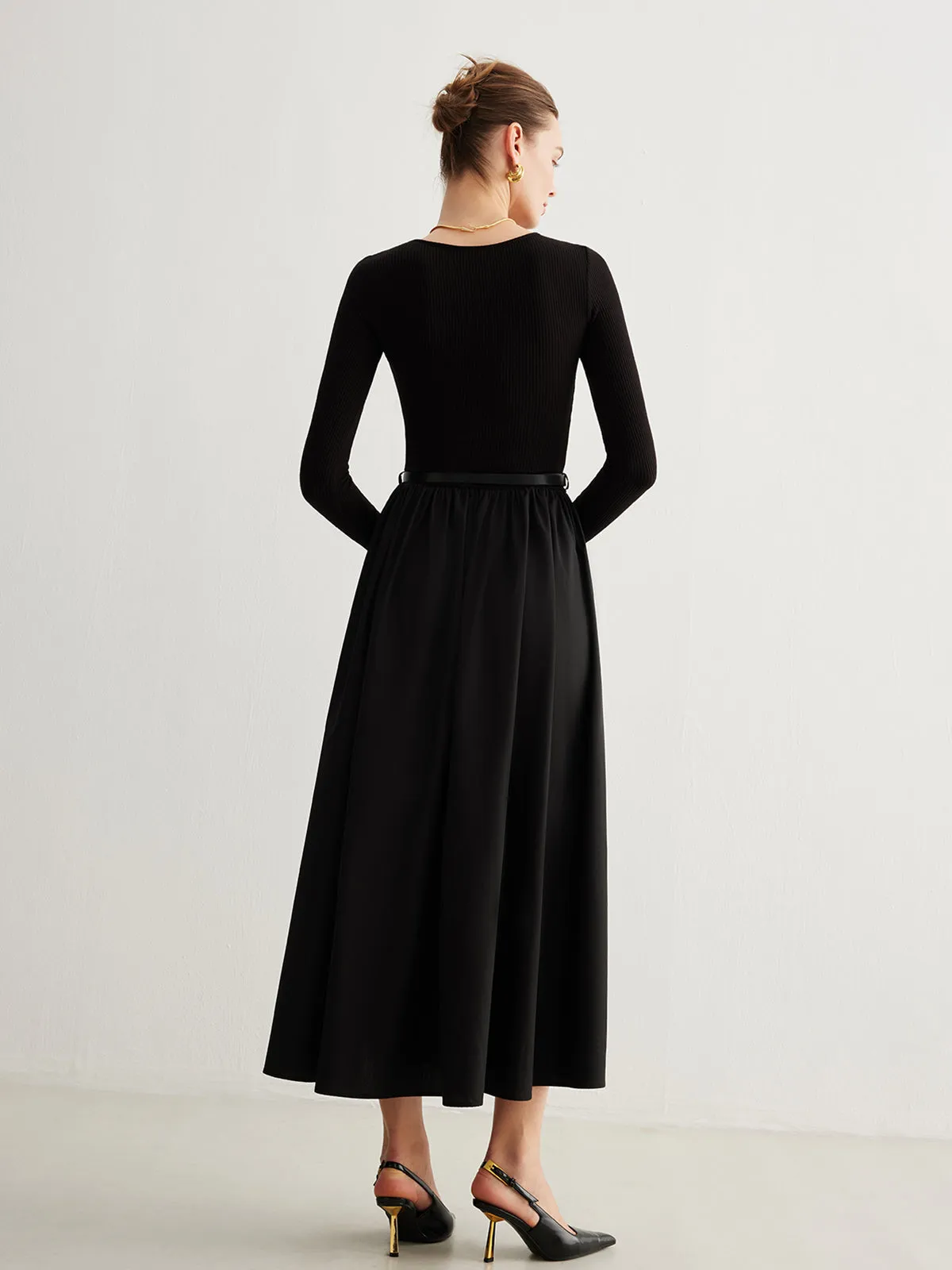 Plain Belted Pleated Panel Dress