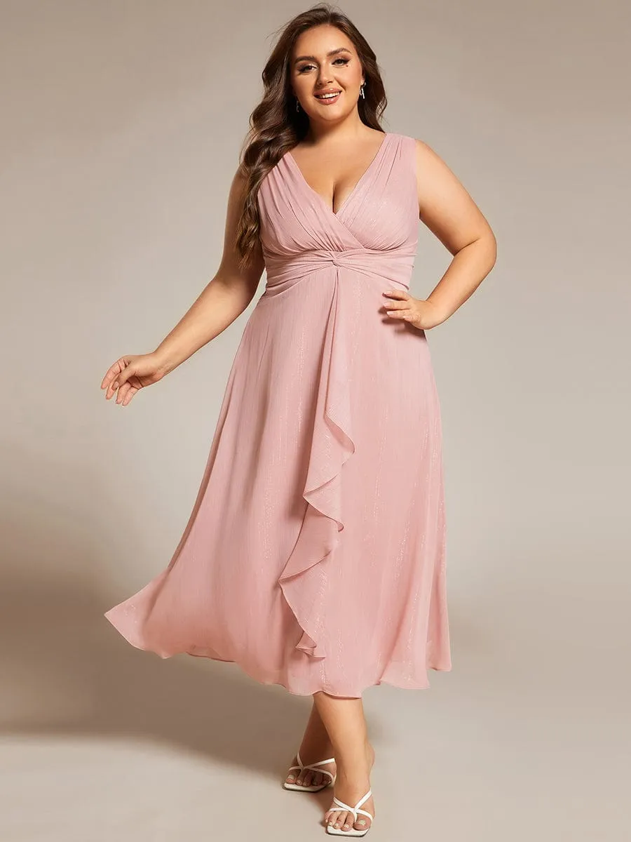 Plus Size Sleeveless Glittery Ruffled V-Neck Midi Wedding Guest Dress