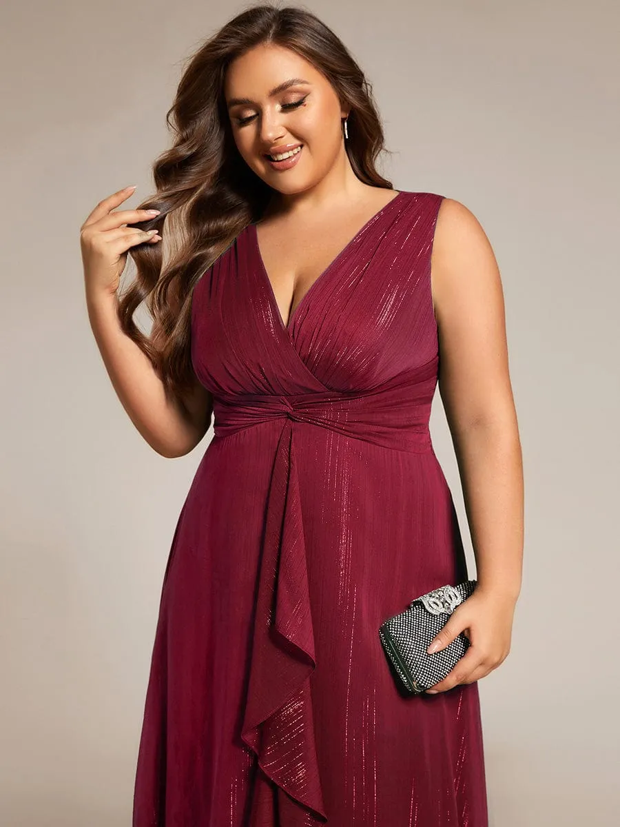 Plus Size Sleeveless Glittery Ruffled V-Neck Midi Wedding Guest Dress