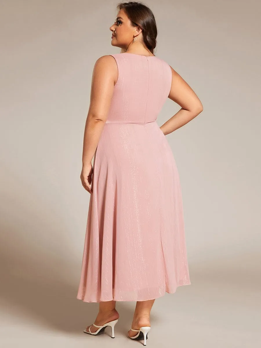 Plus Size Sleeveless Glittery Ruffled V-Neck Midi Wedding Guest Dress